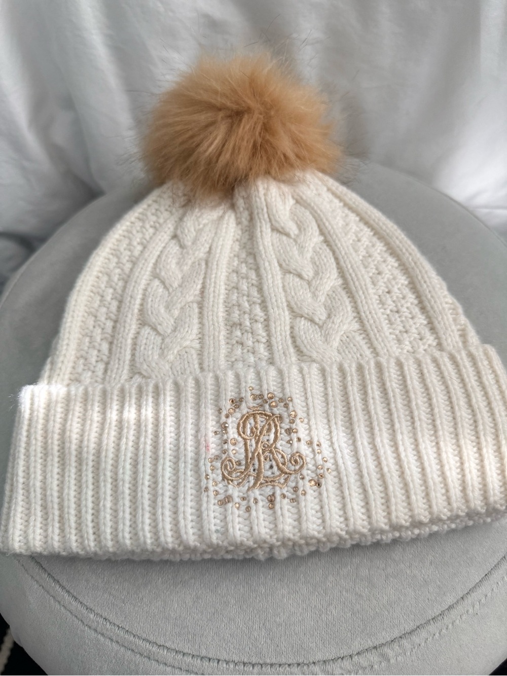 Ralph Lauren Cream Cable Knit Beanie with Tan Pom